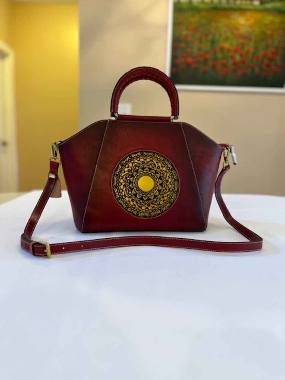 RETRO | Embossed Medallion Totem Red Leather Handbag Shoulder Boho-Like NEW